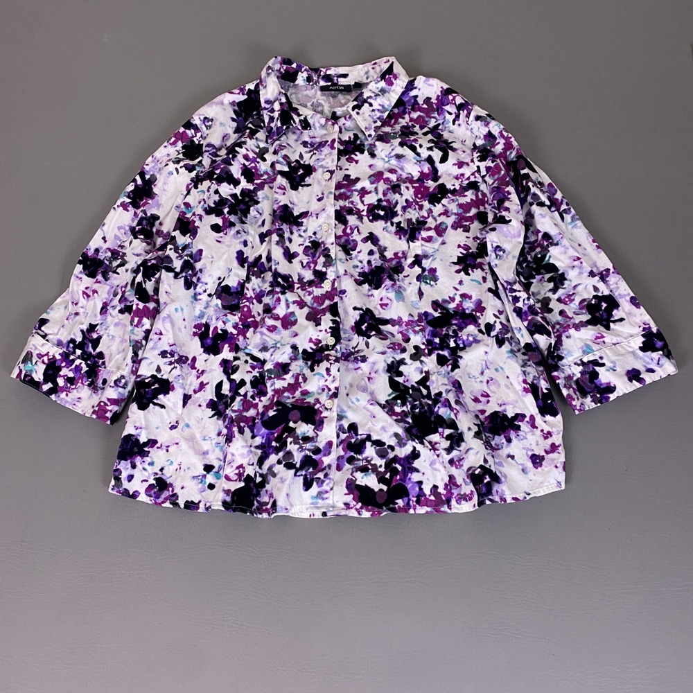 Apt 9 Top Womens 2X Purple Floral Watercolor Button Up 3/4 Sleeve Cotton Stretch